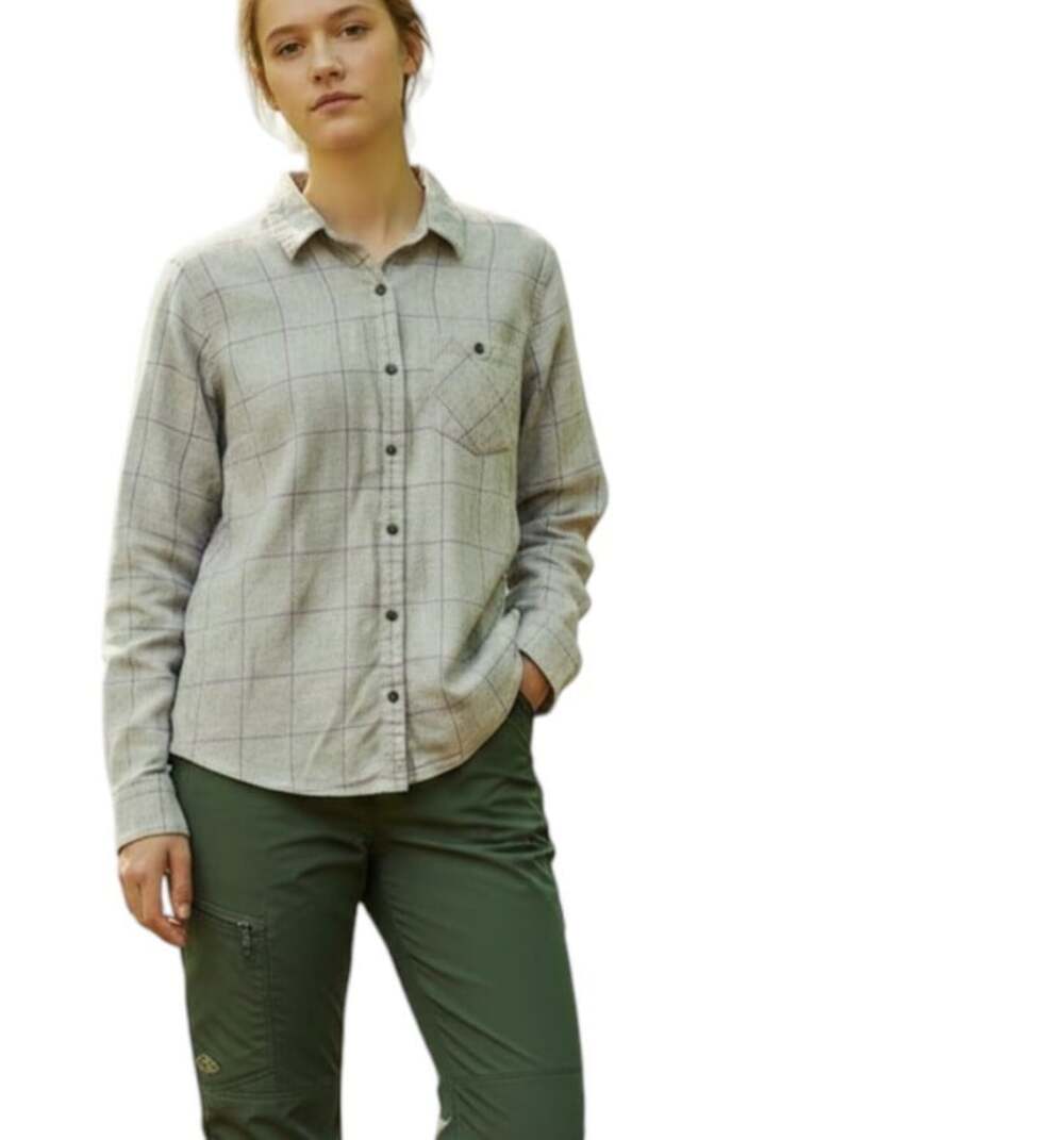 Patagonia Womens Size 12 Organic Cotton Flannel Shirt Windowpane Grid Plaid Beig